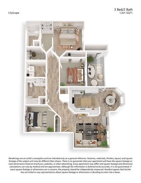 Floor plan for 3 beds, 2 baths, 1261 sqft